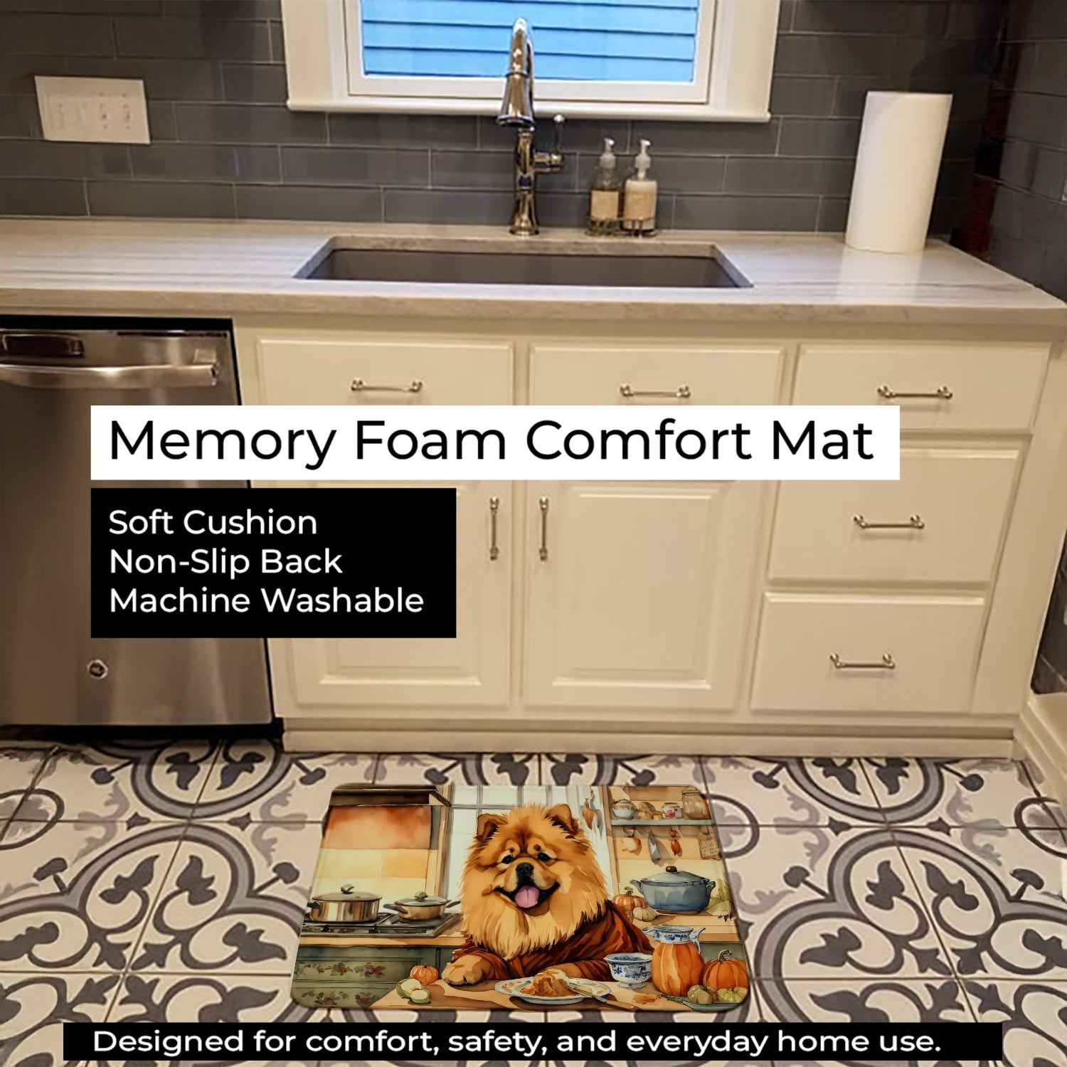 Chow Chow Fall Kitchen Pumpkins Memory Foam Kitchen Mat Machine Washable Anti-Fatigue Cushion Comfort Bath or Kitchen Rug