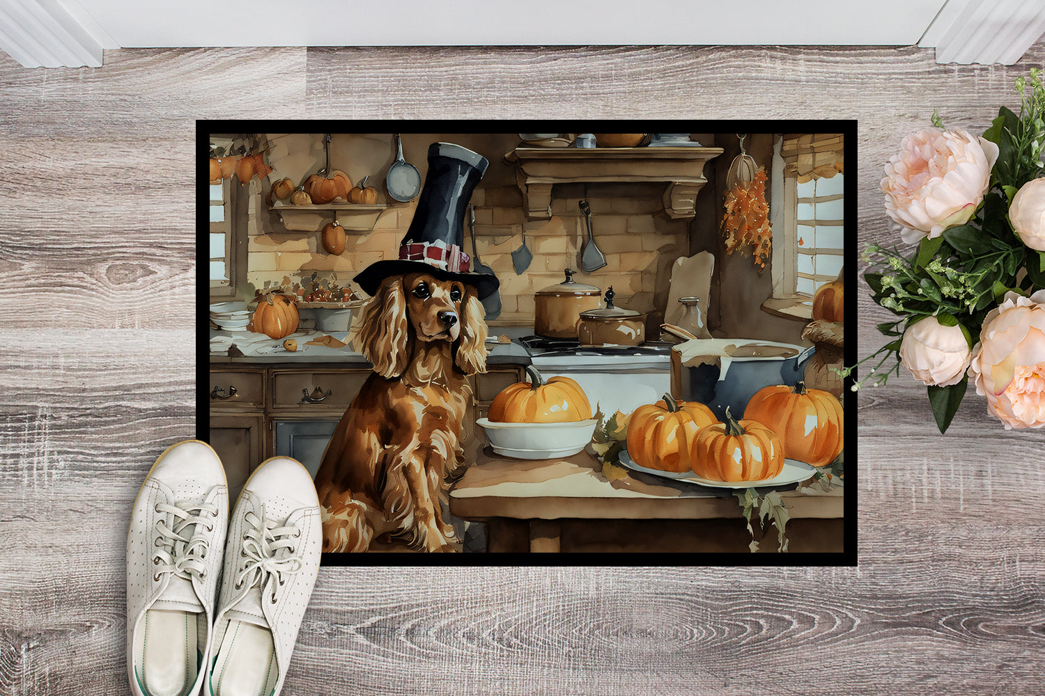 Cocker Spaniel Fall Kitchen Pumpkins Doormat Indoor Outdoor 24H X 36W Front Door Mat Rugs for Entryway, Non Slip Washable Low Pile,