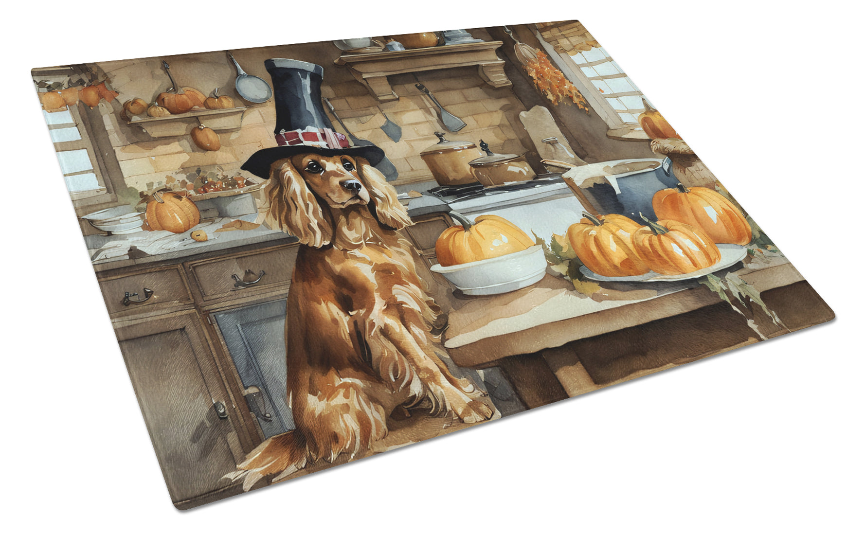 Cocker Spaniel Fall Kitchen Pumpkins Cutting Board Tempered Glass Kitchen Cutting Surface, Heat Resistant Chopping, Non-Slip Feet, Food Prep & Serving