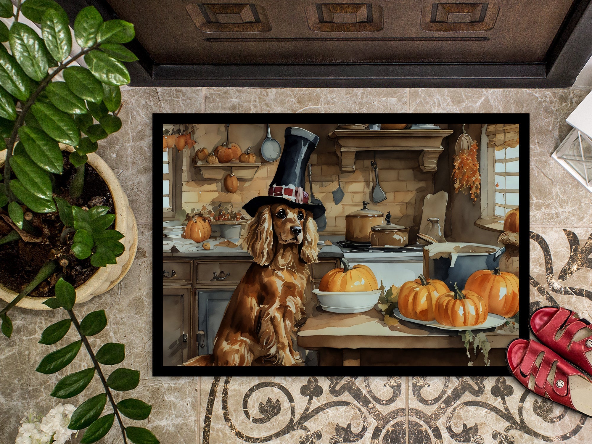 Cocker Spaniel Fall Kitchen Pumpkins Doormat Indoor Outdoor 18H X 27W Front Door Mat Rugs for Entryway, Non Slip Washable