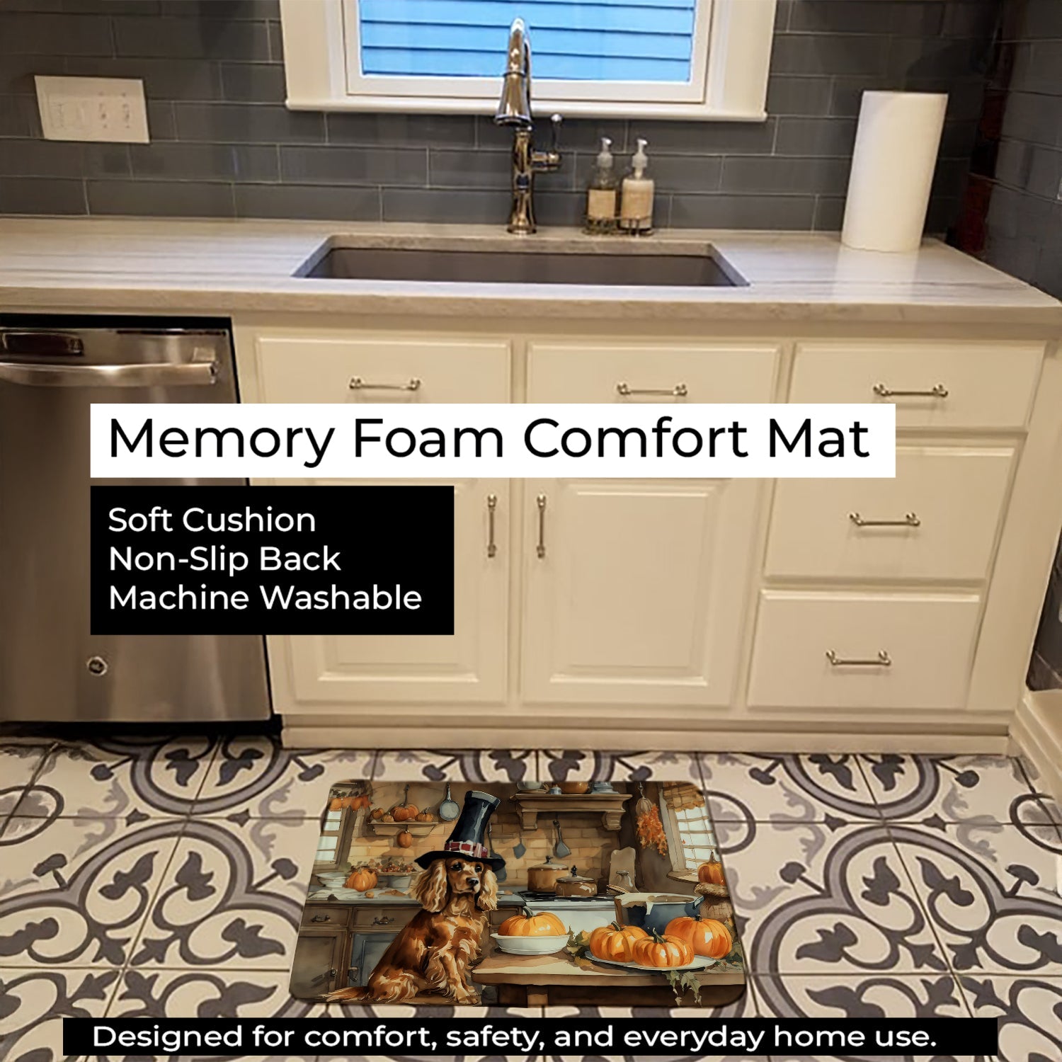 Cocker Spaniel Fall Kitchen Pumpkins Memory Foam Kitchen Mat Machine Washable Anti-Fatigue Cushion Comfort Bath or Kitchen Rug