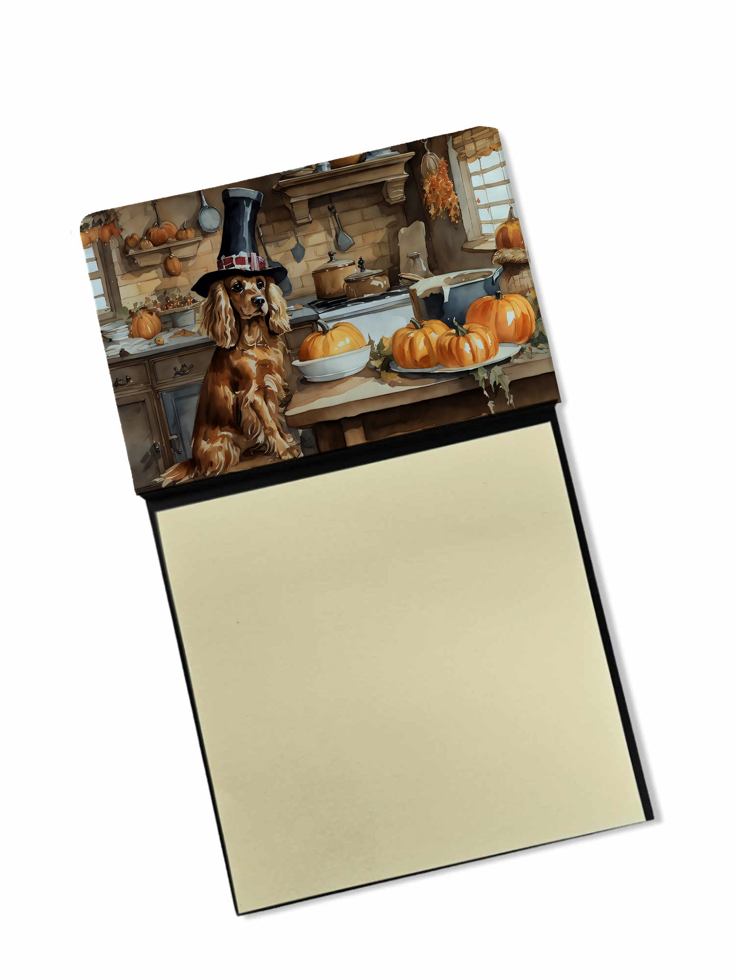 Cocker Spaniel Fall Kitchen Pumpkins Watercolor Sticky Note Holder Refillable Dispenser Desk Accessory 3x3 Pad Gift