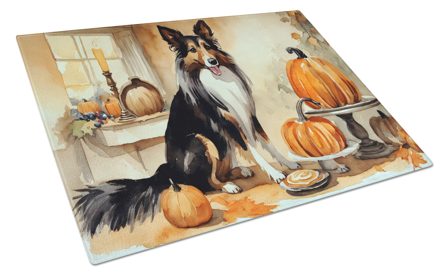 Collie Fall Kitchen Pumpkins Cutting Board Tempered Glass Kitchen Cutting Surface, Heat Resistant Chopping, Non-Slip Feet, Food Prep & Serving