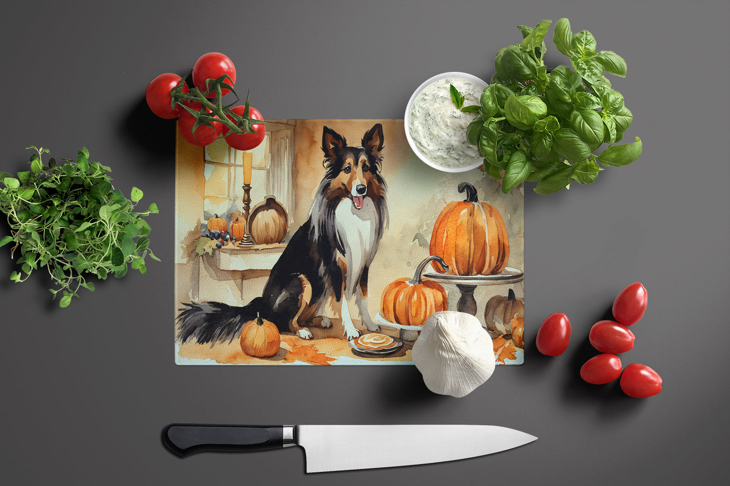 Collie Fall Kitchen Pumpkins Cutting Board Tempered Glass Kitchen Cutting Surface, Heat Resistant Chopping, Non-Slip Feet, Food Prep & Serving