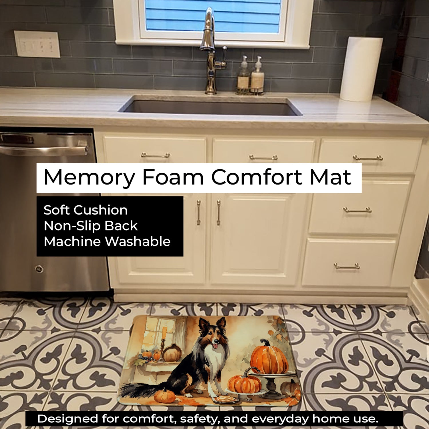 Collie Fall Kitchen Pumpkins Memory Foam Kitchen Mat Machine Washable Anti-Fatigue Cushion Comfort Bath or Kitchen Rug