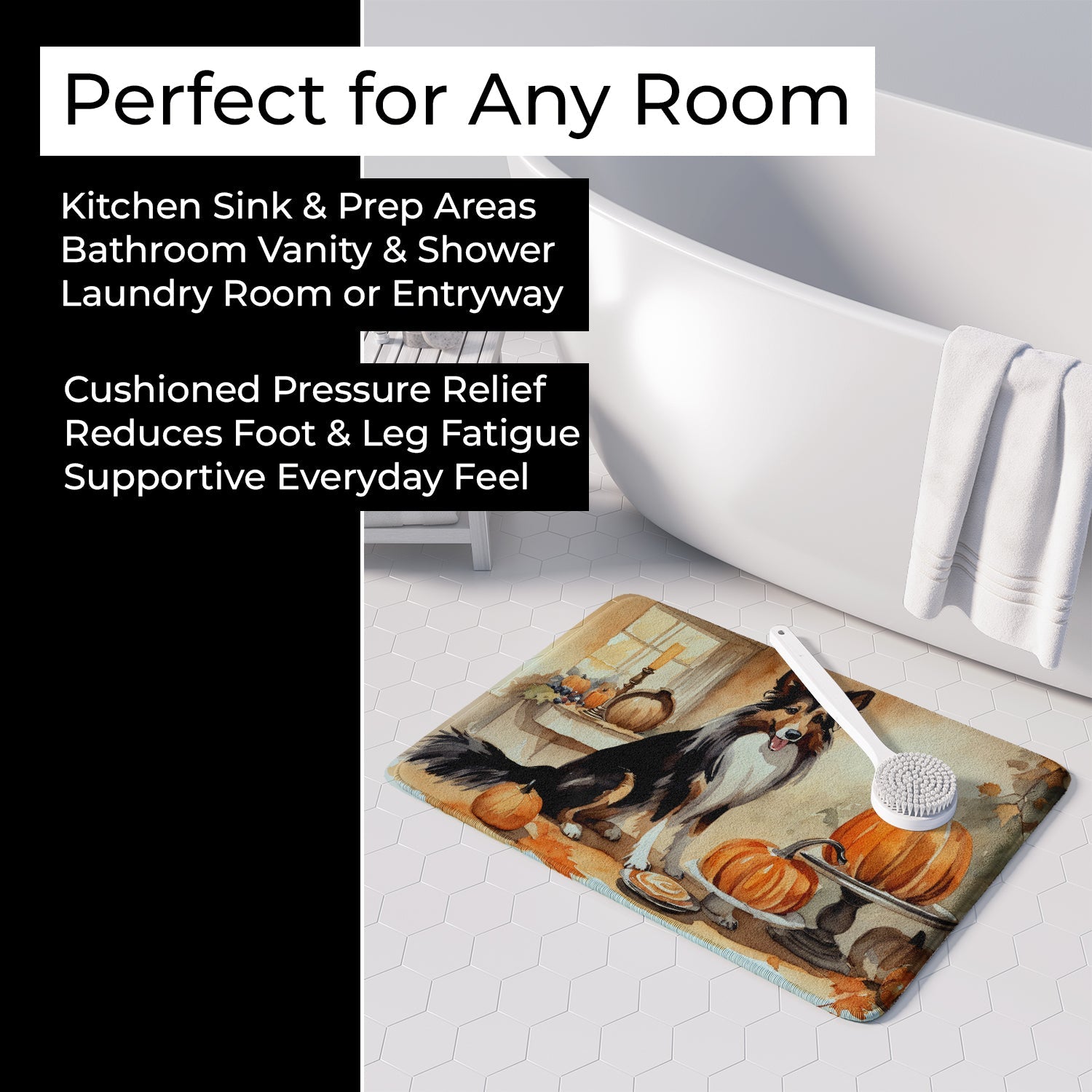 Collie Fall Kitchen Pumpkins Memory Foam Kitchen Mat Machine Washable Anti-Fatigue Cushion Comfort Bath or Kitchen Rug