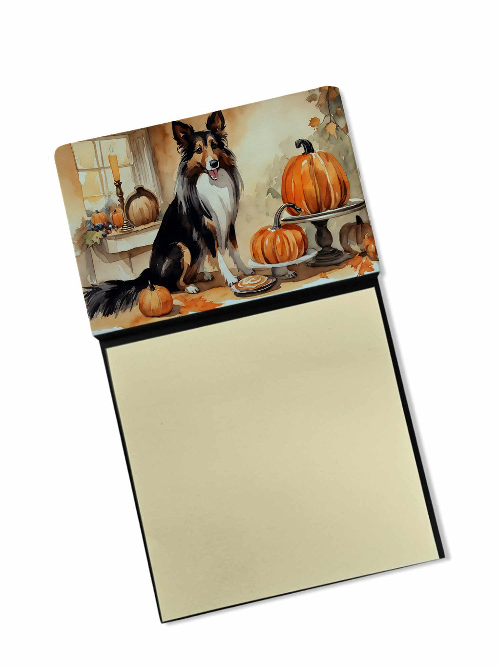 Collie Fall Kitchen Pumpkins Watercolor Sticky Note Holder Refillable Dispenser Desk Accessory 3x3 Pad Gift