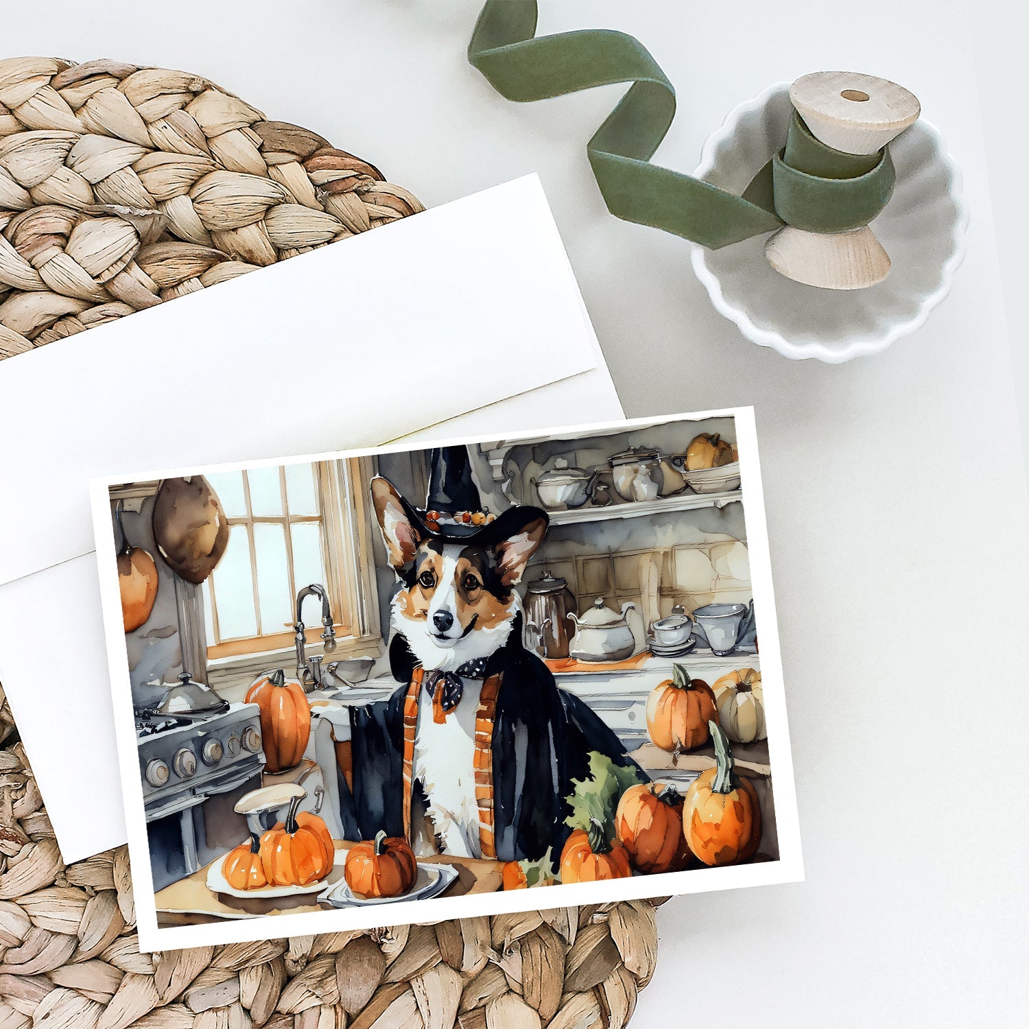 Corgi Fall Kitchen Pumpkins Greeting Cards Pack of 8 Blank Cards with Envelopes Whimsical A7 Size 5x7