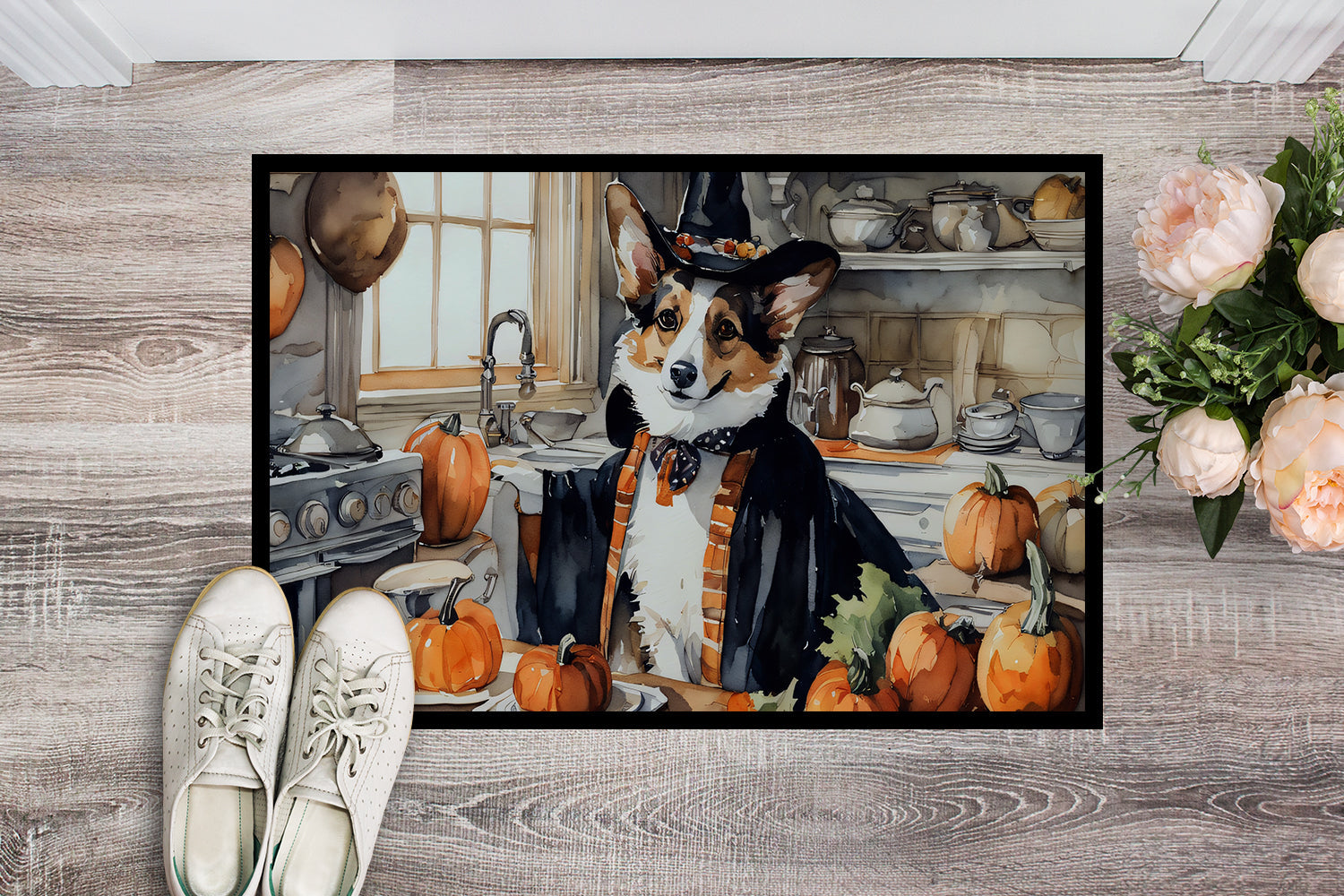 Corgi Fall Kitchen Pumpkins Doormat Indoor Outdoor 18H X 27W Front Door Mat Rugs for Entryway, Non Slip Washable