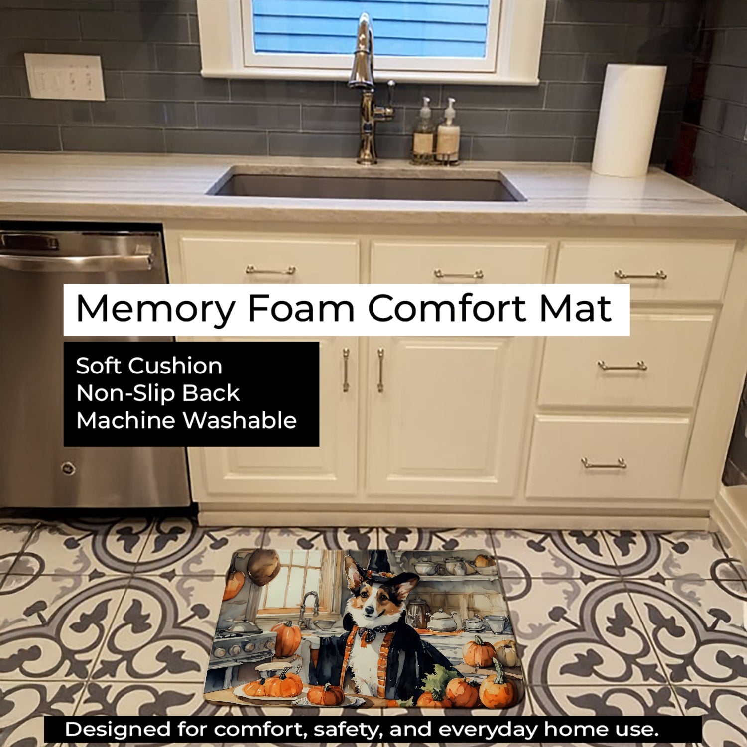 Corgi Fall Kitchen Pumpkins Memory Foam Kitchen Mat Machine Washable Anti-Fatigue Cushion Comfort Bath or Kitchen Rug