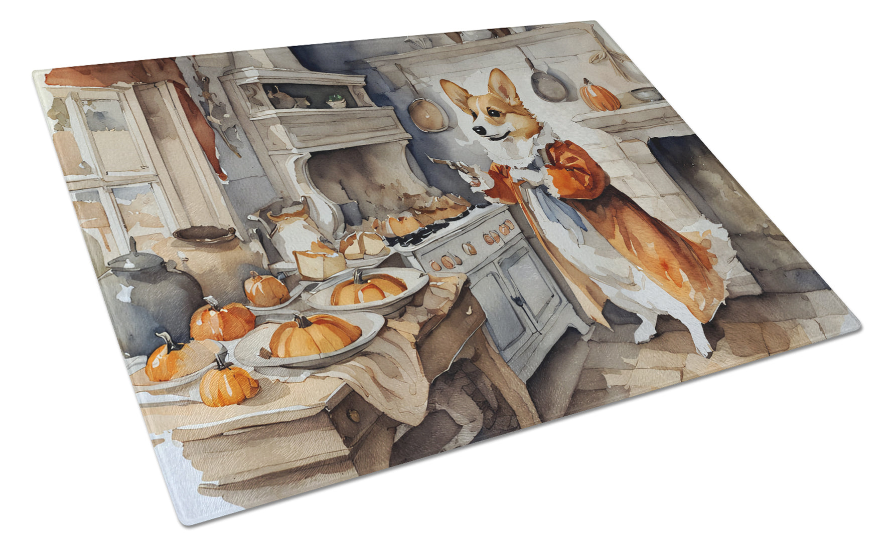 Corgi Fall Kitchen Pumpkins Cutting Board Tempered Glass Kitchen Cutting Surface, Heat Resistant Chopping, Non-Slip Feet, Food Prep & Serving