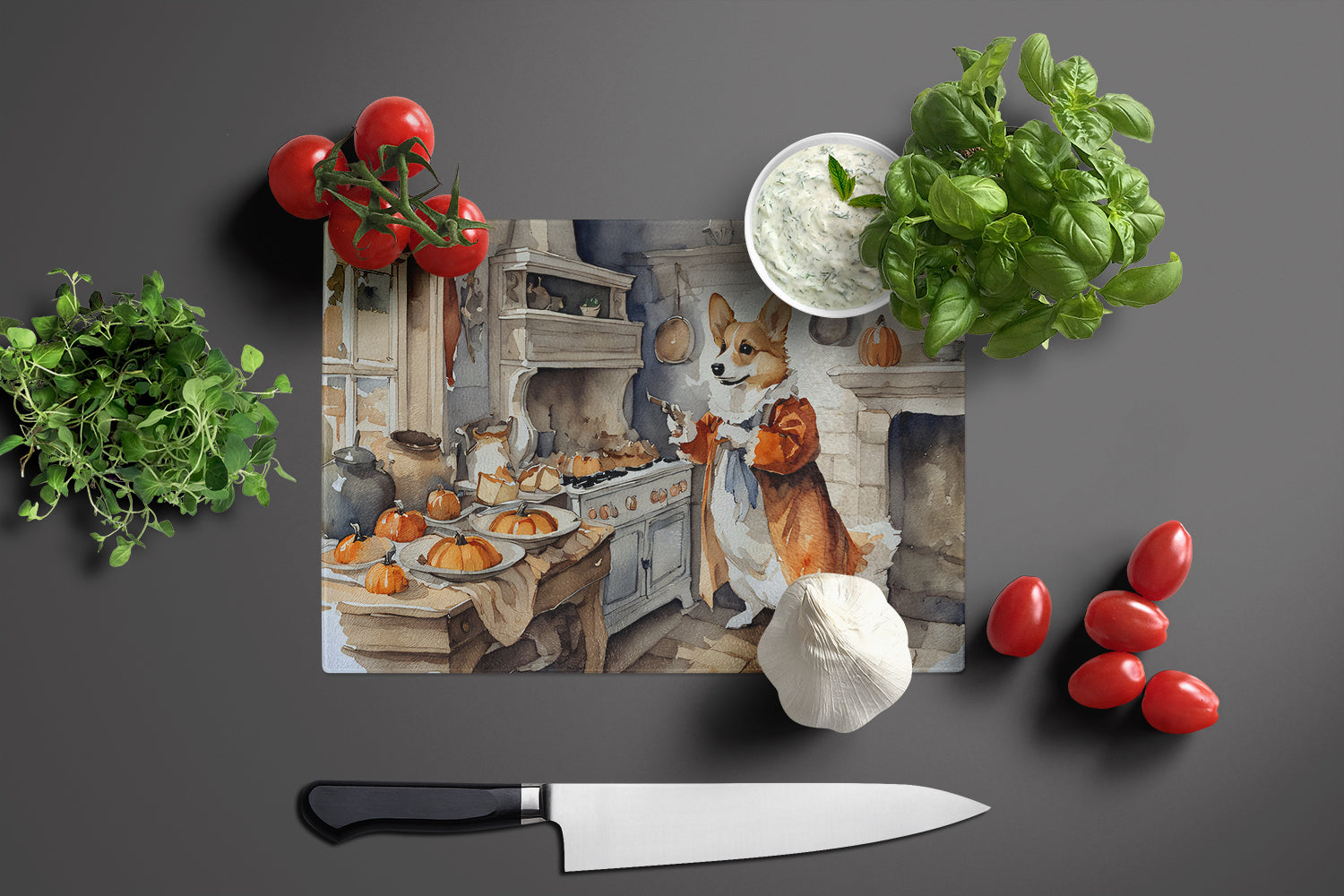 Corgi Fall Kitchen Pumpkins Cutting Board Tempered Glass Kitchen Cutting Surface, Heat Resistant Chopping, Non-Slip Feet, Food Prep & Serving