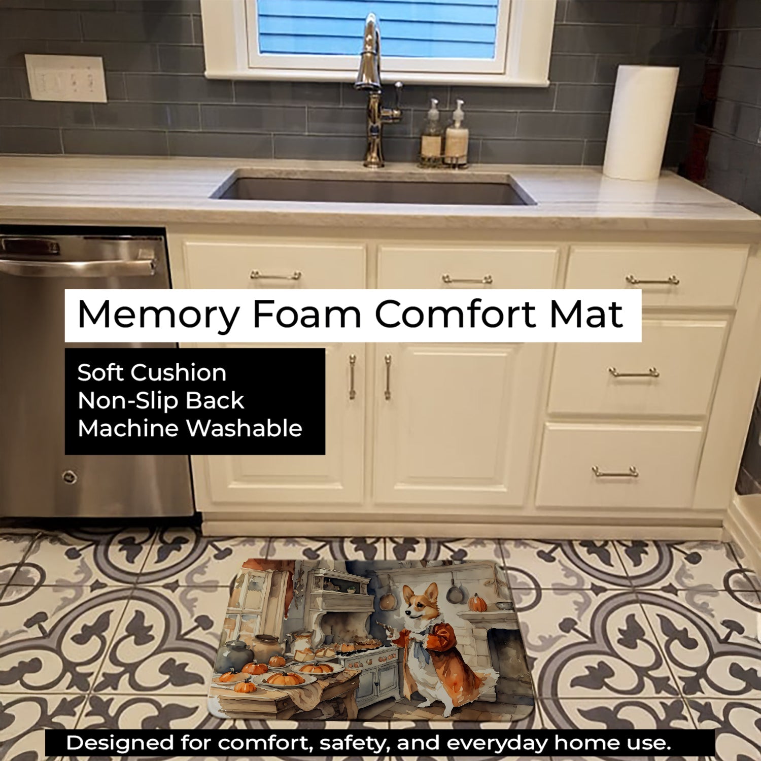 Corgi Fall Kitchen Pumpkins Memory Foam Kitchen Mat Machine Washable Anti-Fatigue Cushion Comfort Bath or Kitchen Rug