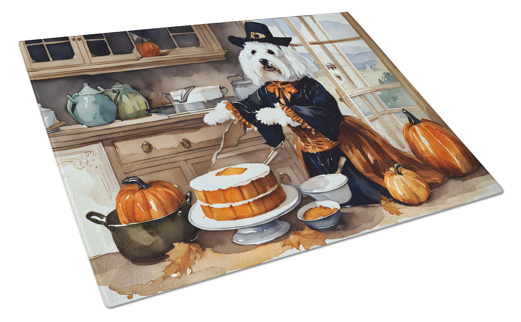 Coton De Tulear Fall Kitchen Pumpkins Cutting Board Tempered Glass Kitchen Cutting Surface, Heat Resistant Chopping, Non-Slip Feet, Food Prep & Serving