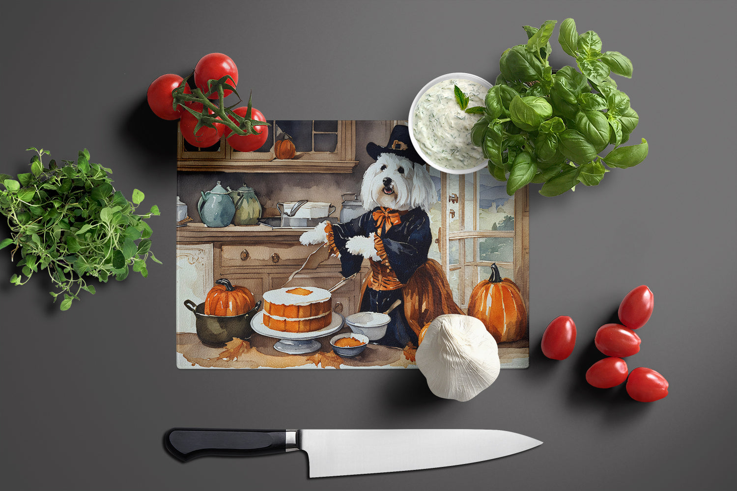 Coton De Tulear Fall Kitchen Pumpkins Cutting Board Tempered Glass Kitchen Cutting Surface, Heat Resistant Chopping, Non-Slip Feet, Food Prep & Serving