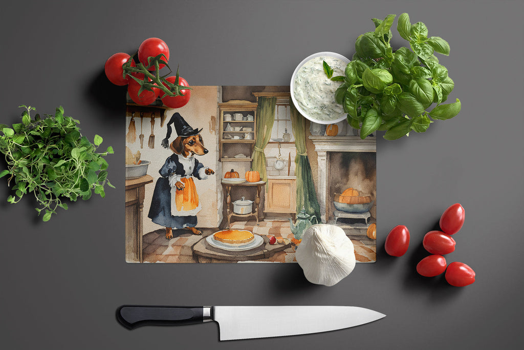 Dachshund Fall Kitchen Pumpkins Cutting Board Tempered Glass Kitchen Cutting Surface, Heat Resistant Chopping, Non-Slip Feet, Food Prep & Serving