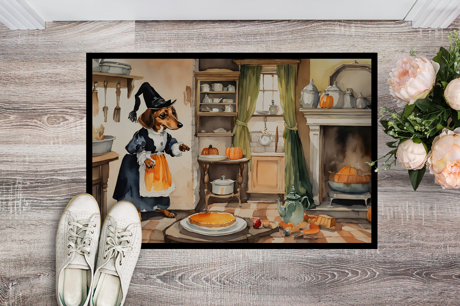 Dachshund Fall Kitchen Pumpkins Doormat Indoor Outdoor 18H X 27W Front Door Mat Rugs for Entryway, Non Slip Washable