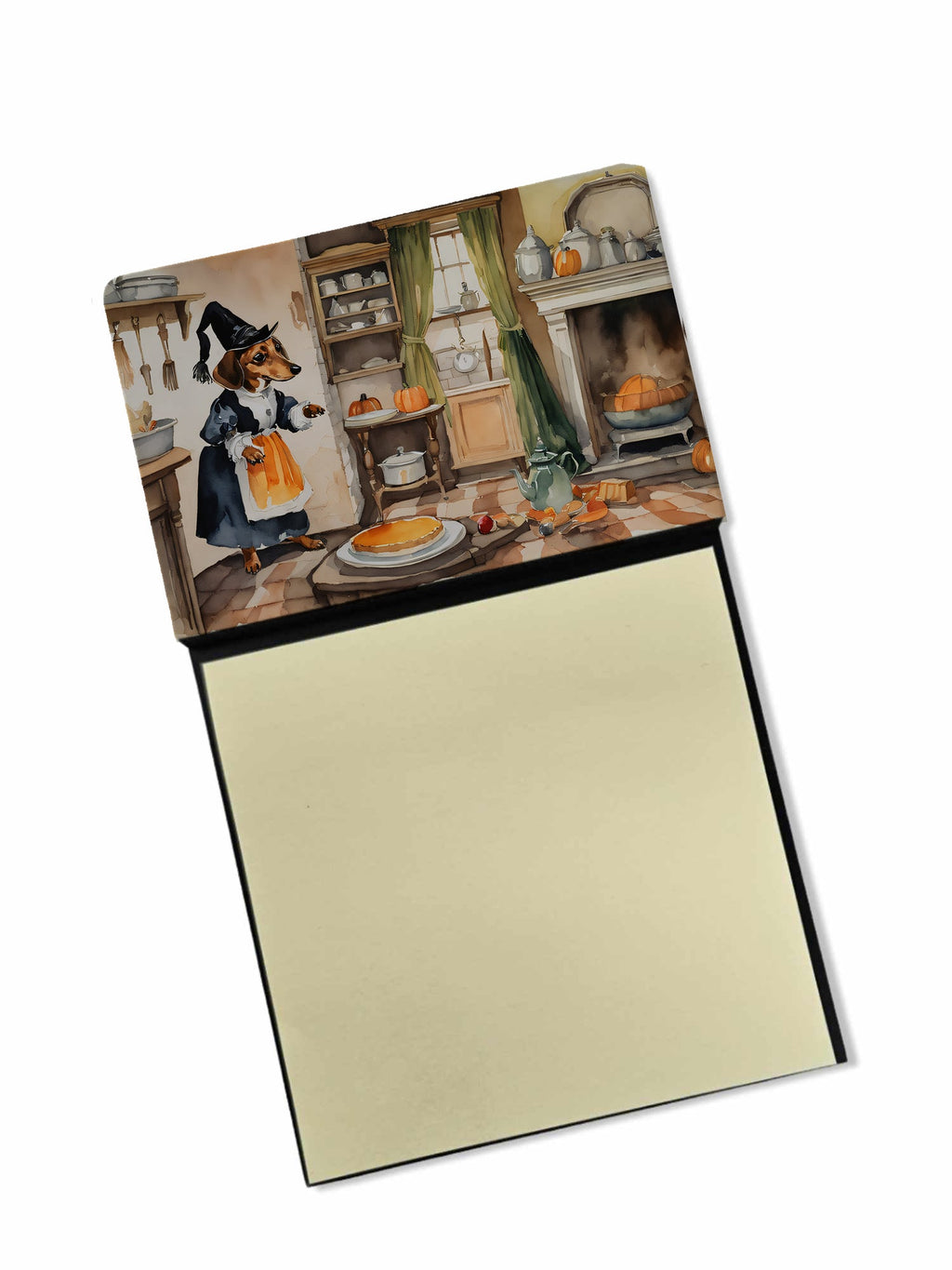 Dachshund Fall Kitchen Pumpkins Watercolor Sticky Note Holder Refillable Dispenser Desk Accessory 3x3 Pad Gift