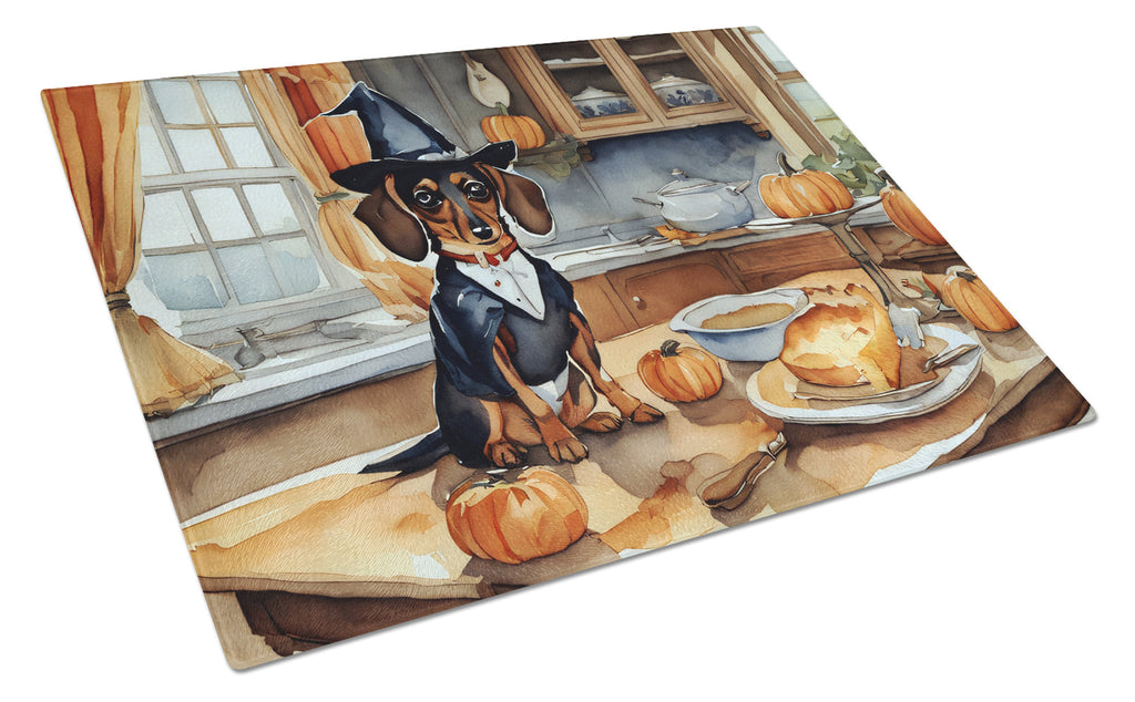 Dachshund Fall Kitchen Pumpkins Cutting Board Tempered Glass Kitchen Cutting Surface, Heat Resistant Chopping, Non-Slip Feet, Food Prep & Serving