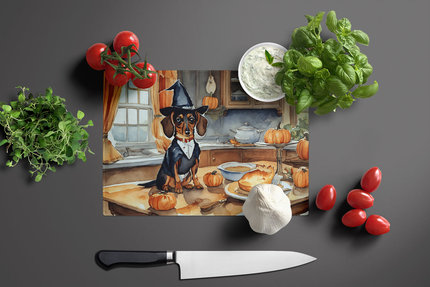 Dachshund Fall Kitchen Pumpkins Cutting Board Tempered Glass Kitchen Cutting Surface, Heat Resistant Chopping, Non-Slip Feet, Food Prep & Serving