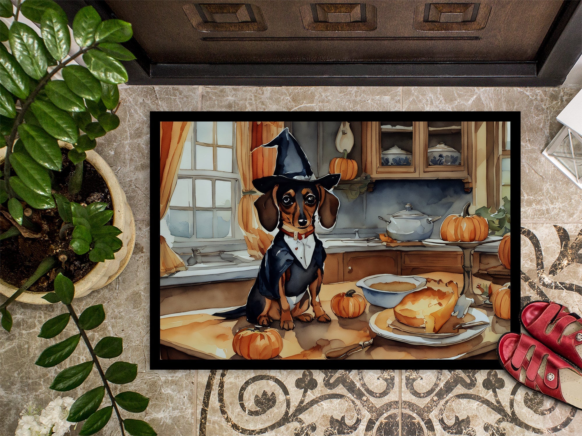 Dachshund Fall Kitchen Pumpkins Doormat Indoor Outdoor 18H X 27W Front Door Mat Rugs for Entryway, Non Slip Washable