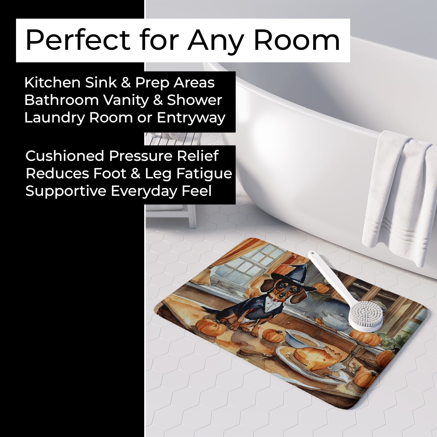 Dachshund Fall Kitchen Pumpkins Memory Foam Kitchen Mat Machine Washable Anti-Fatigue Cushion Comfort Bath or Kitchen Rug