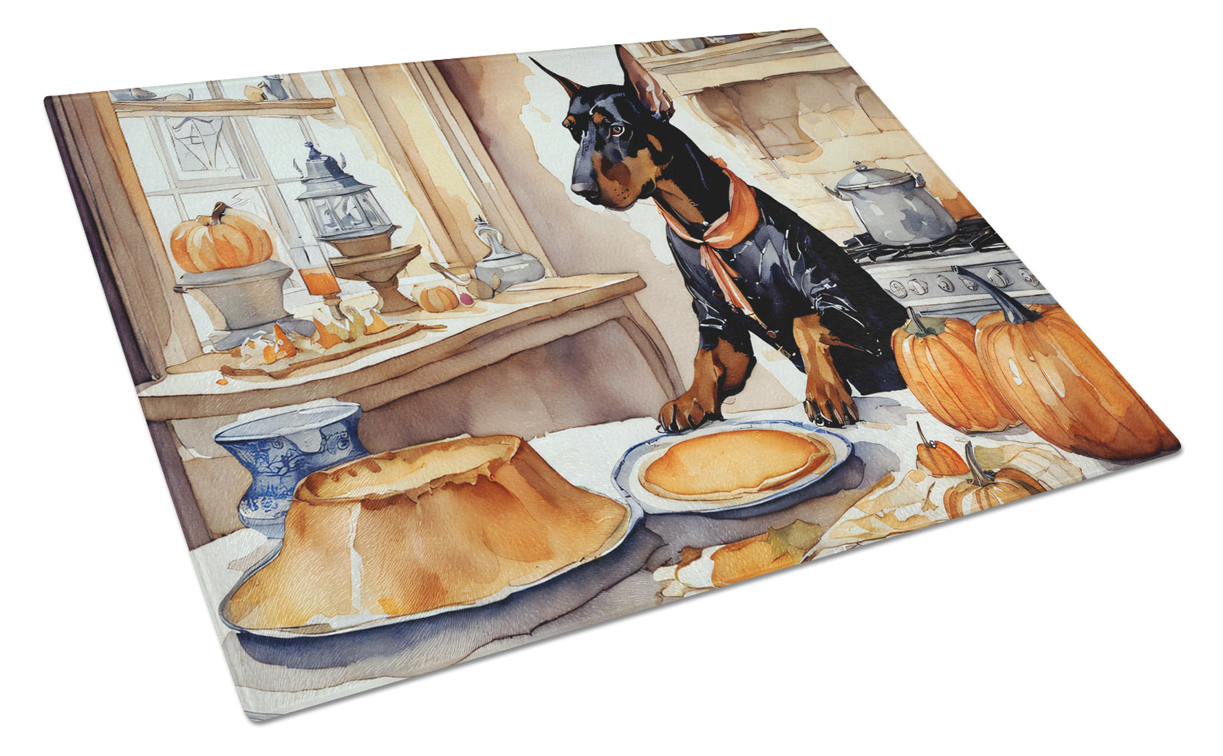 Doberman Pinscher Fall Kitchen Pumpkins Cutting Board Tempered Glass Kitchen Cutting Surface, Heat Resistant Chopping, Non-Slip Feet, Food Prep & Serving