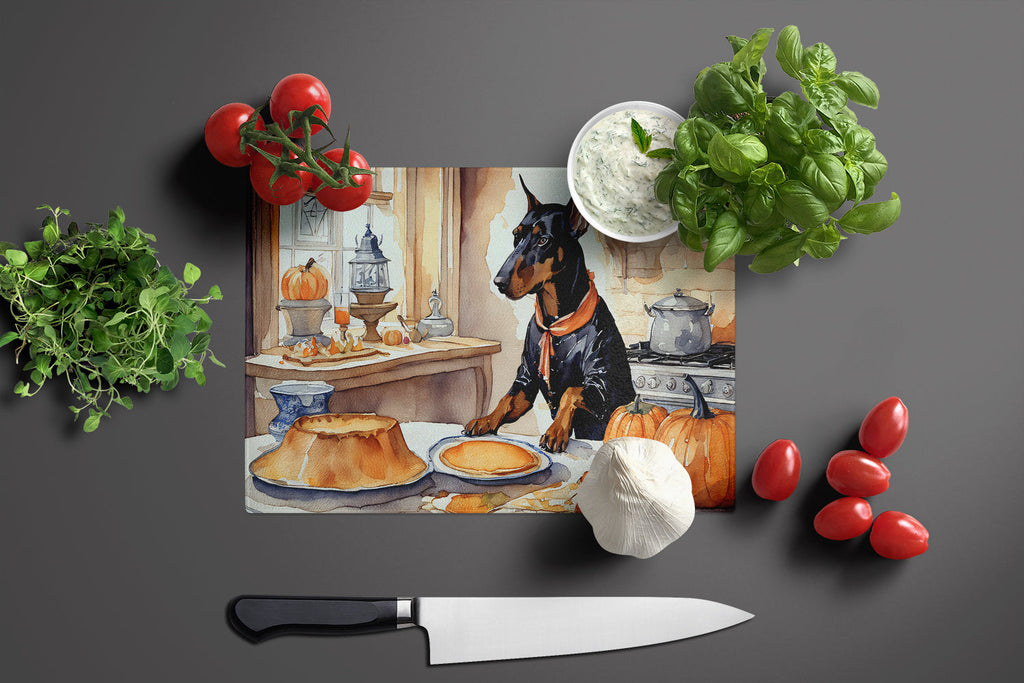 Doberman Pinscher Fall Kitchen Pumpkins Cutting Board Tempered Glass Kitchen Cutting Surface, Heat Resistant Chopping, Non-Slip Feet, Food Prep & Serving