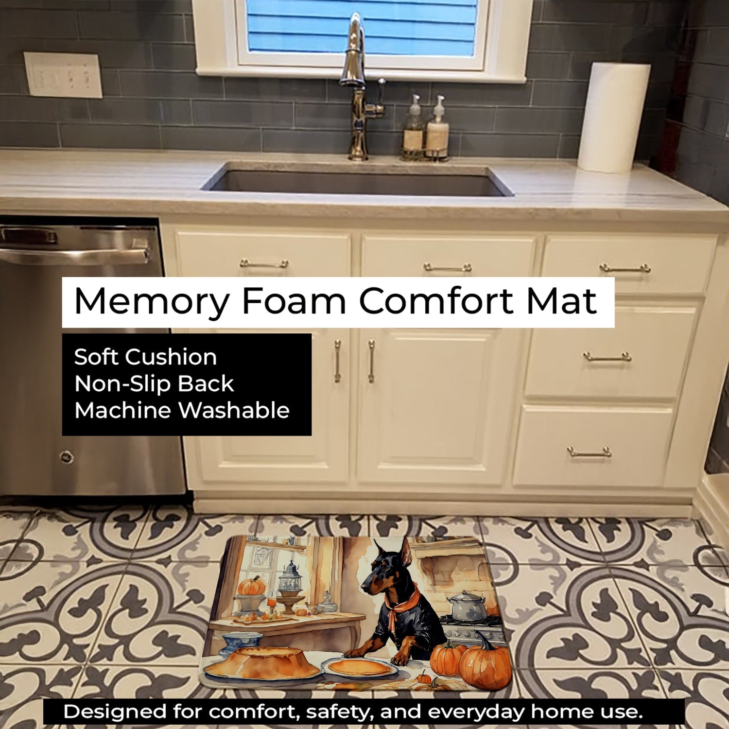 Doberman Pinscher Fall Kitchen Pumpkins Memory Foam Kitchen Mat Machine Washable Anti-Fatigue Cushion Comfort Bath or Kitchen Rug
