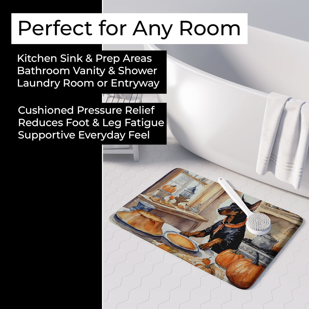Doberman Pinscher Fall Kitchen Pumpkins Memory Foam Kitchen Mat Machine Washable Anti-Fatigue Cushion Comfort Bath or Kitchen Rug