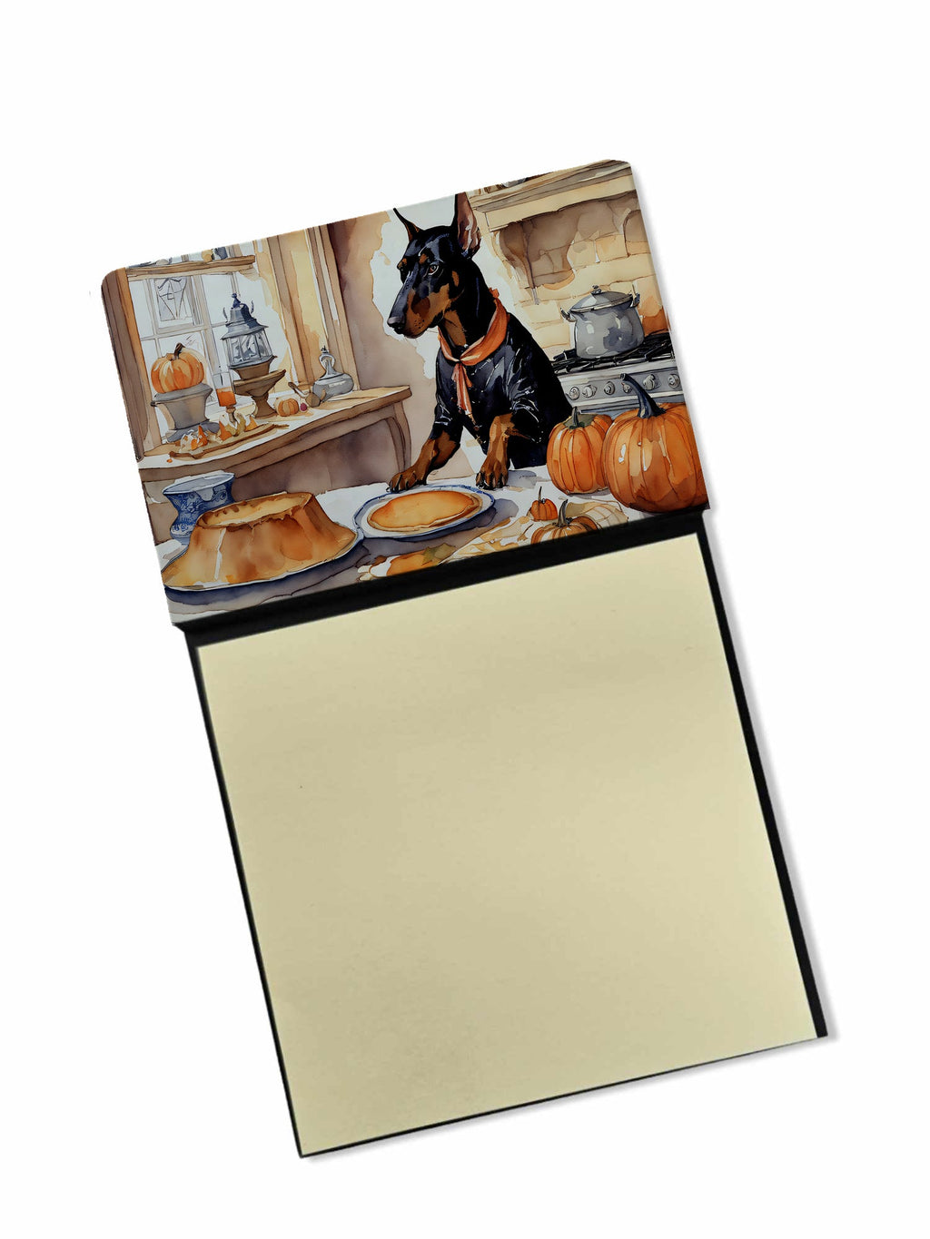 Doberman Pinscher Fall Kitchen Pumpkins Watercolor Sticky Note Holder Refillable Dispenser Desk Accessory 3x3 Pad Gift