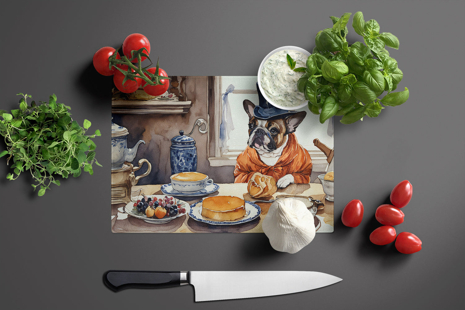 French Bulldog Fall Kitchen Pumpkins Cutting Board Tempered Glass Kitchen Cutting Surface, Heat Resistant Chopping, Non-Slip Feet, Food Prep & Serving