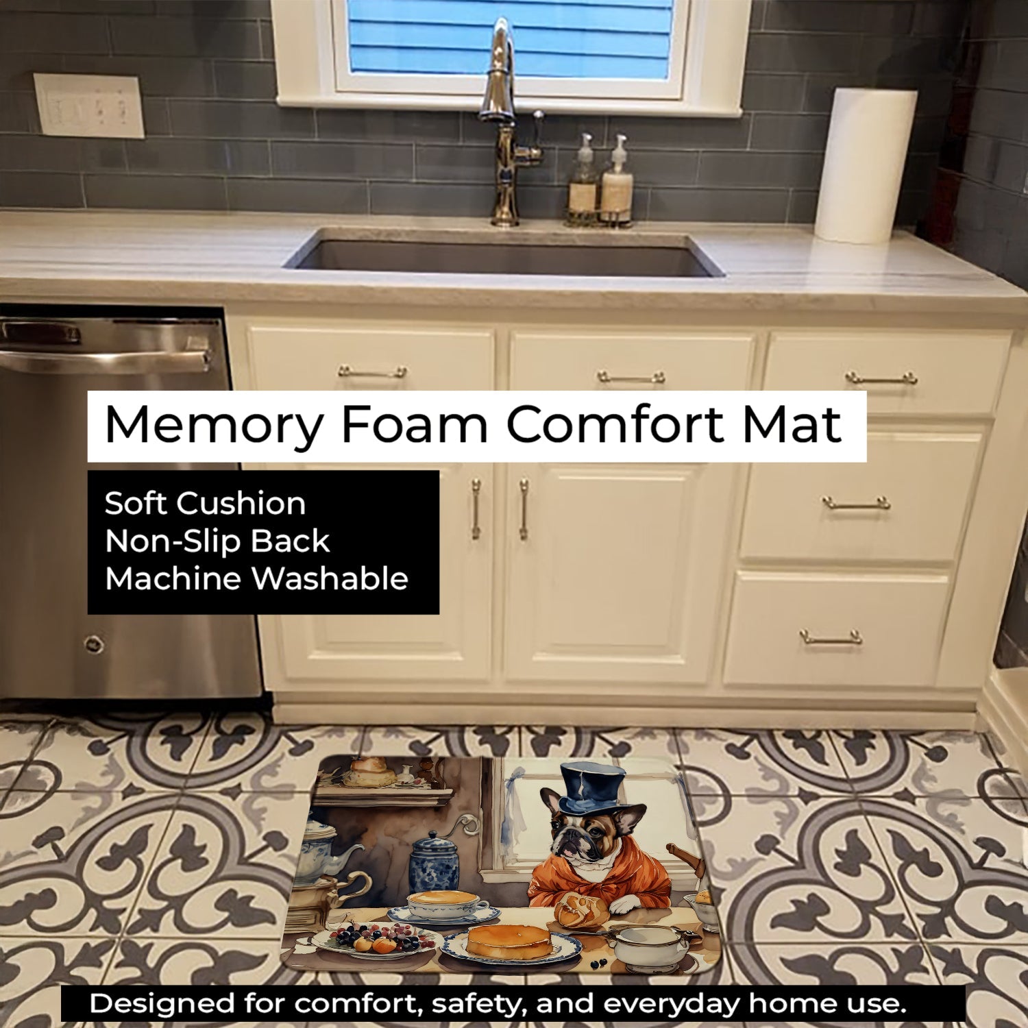 French Bulldog Fall Kitchen Pumpkins Memory Foam Kitchen Mat Machine Washable Anti-Fatigue Cushion Comfort Bath or Kitchen Rug