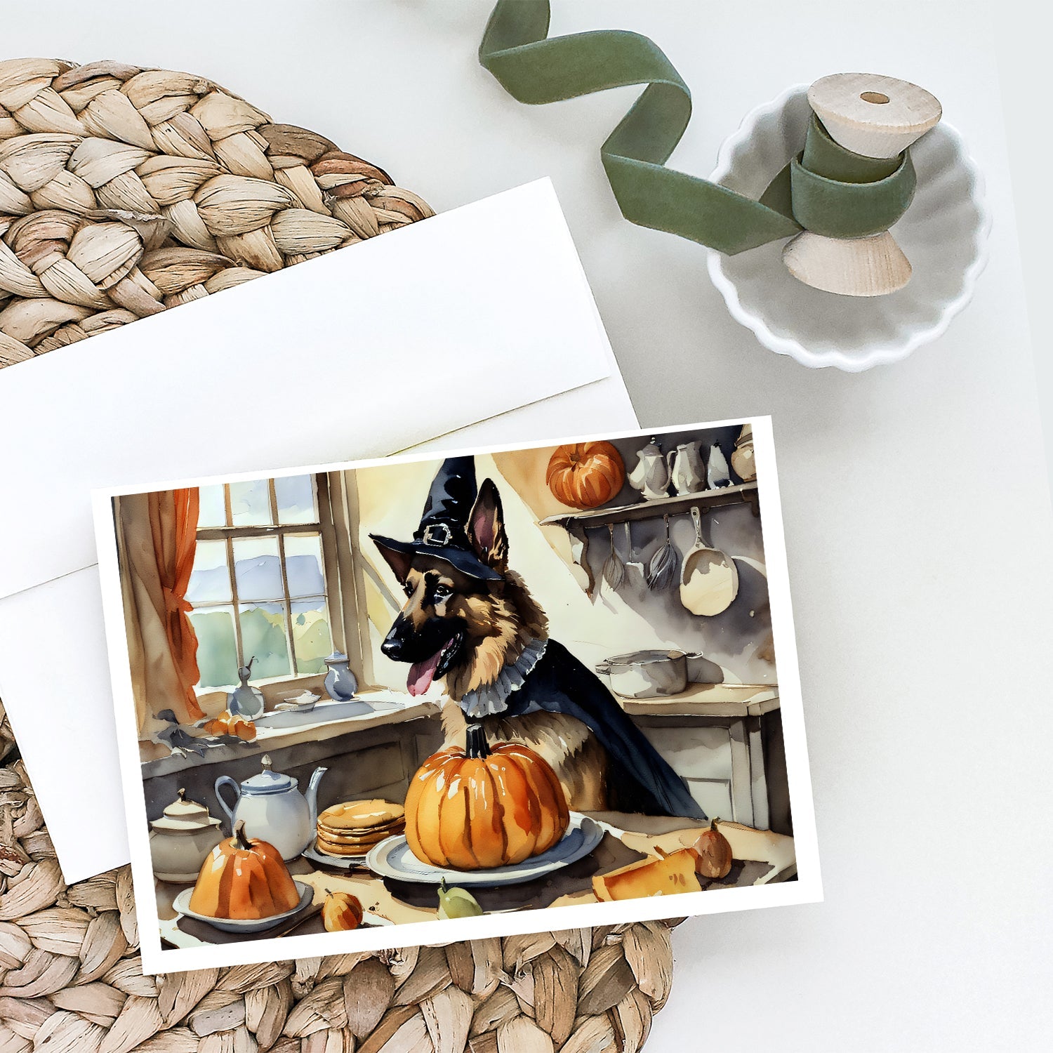 German Shepherd Fall Kitchen Pumpkins Greeting Cards Pack of 8 Blank Cards with Envelopes Whimsical A7 Size 5x7