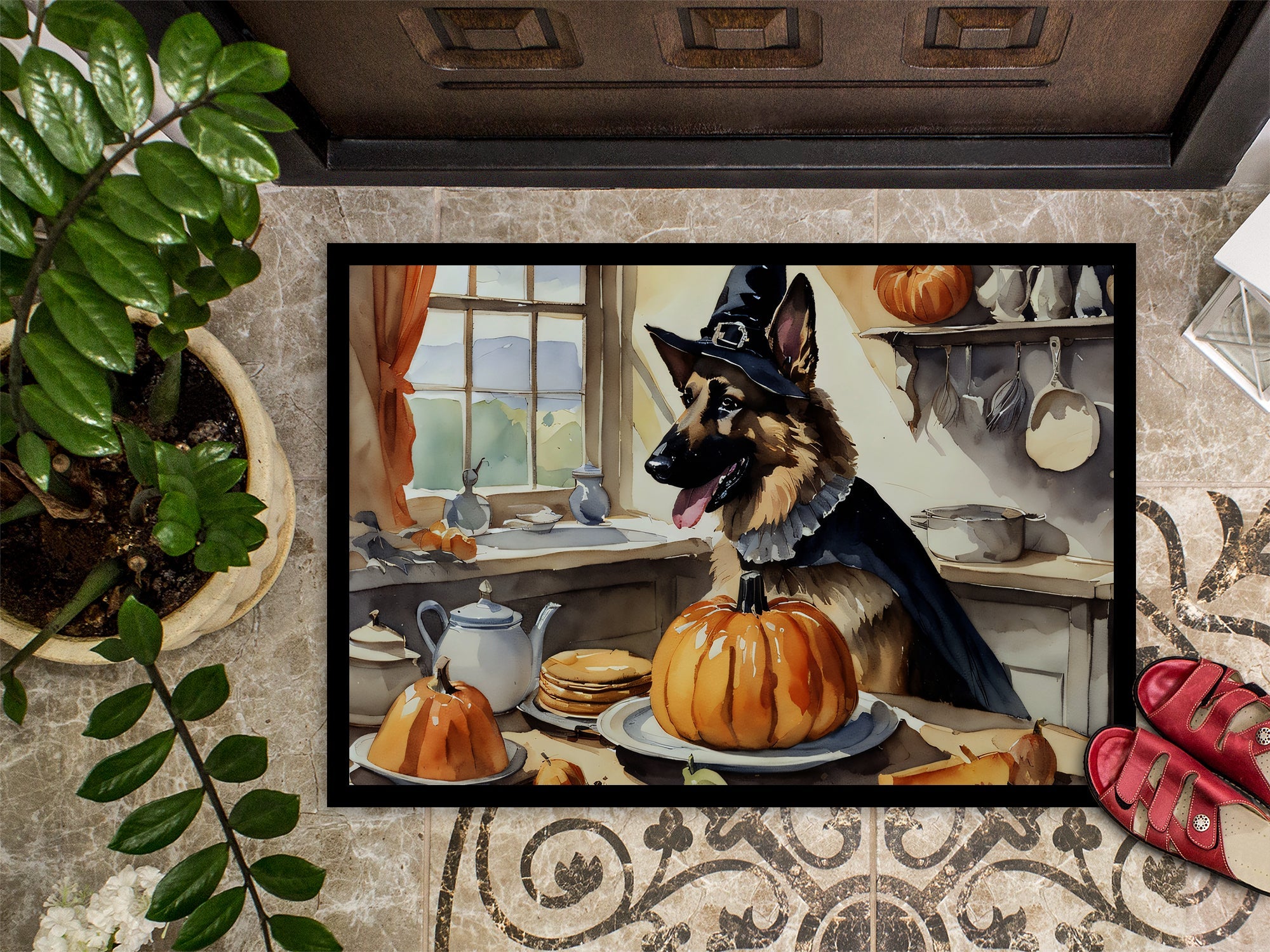 German Shepherd Fall Kitchen Pumpkins Doormat Indoor Outdoor 24H X 36W Front Door Mat Rugs for Entryway, Non Slip Washable Low Pile,