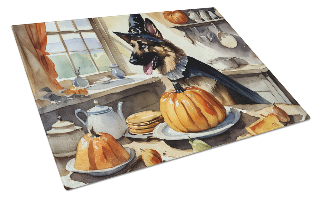 German Shepherd Fall Kitchen Pumpkins Cutting Board Tempered Glass Kitchen Cutting Surface, Heat Resistant Chopping, Non-Slip Feet, Food Prep & Serving