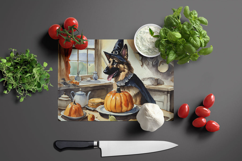 German Shepherd Fall Kitchen Pumpkins Cutting Board Tempered Glass Kitchen Cutting Surface, Heat Resistant Chopping, Non-Slip Feet, Food Prep & Serving