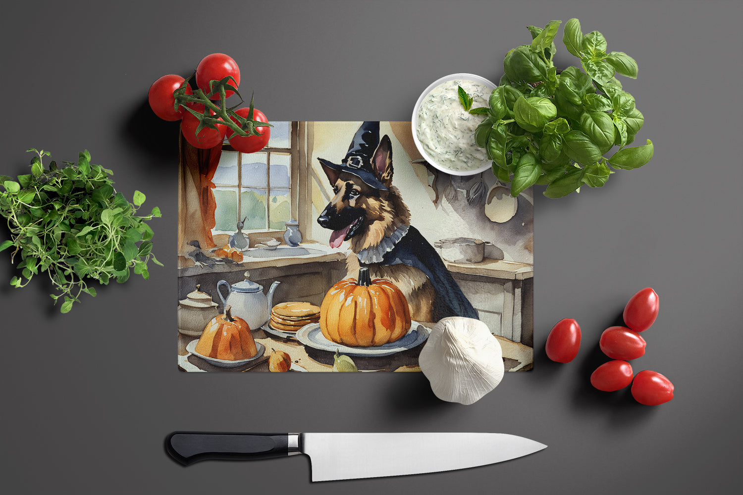 German Shepherd Fall Kitchen Pumpkins Cutting Board Tempered Glass Kitchen Cutting Surface, Heat Resistant Chopping, Non-Slip Feet, Food Prep & Serving