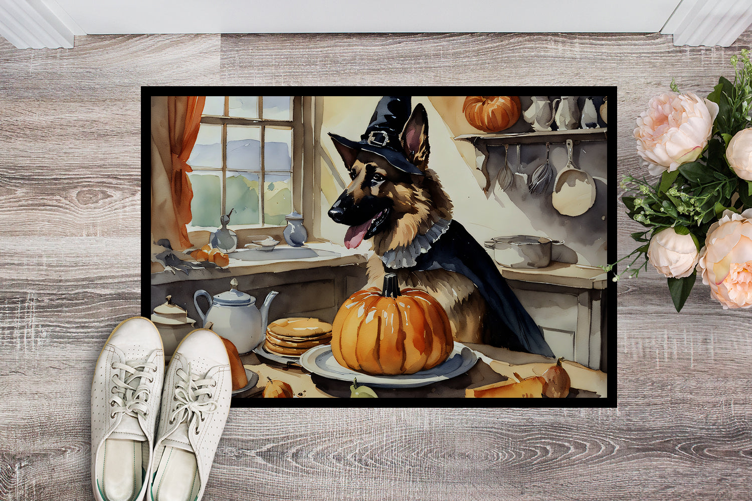 German Shepherd Fall Kitchen Pumpkins Doormat Indoor Outdoor 18H X 27W Front Door Mat Rugs for Entryway, Non Slip Washable