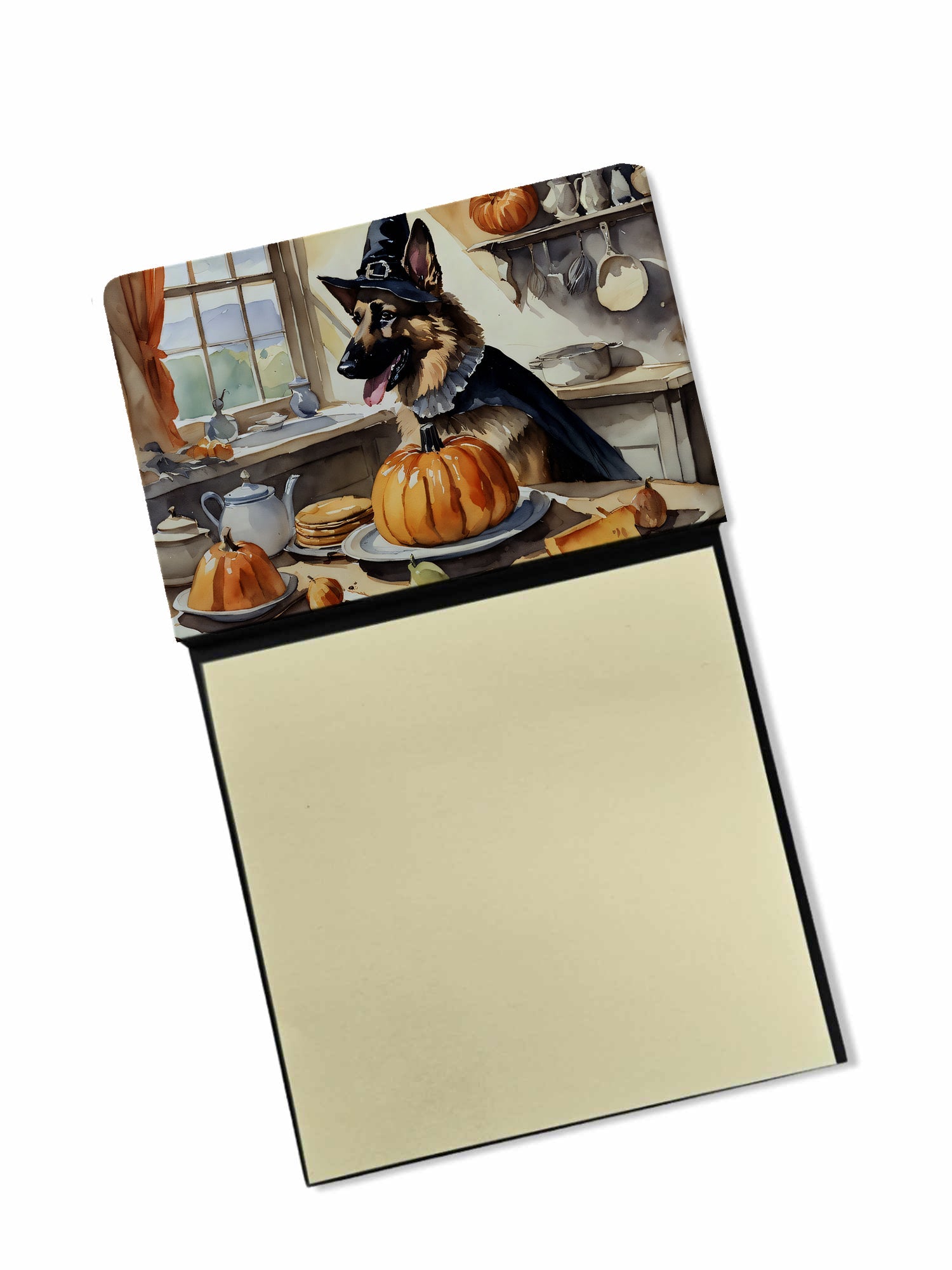German Shepherd Fall Kitchen Pumpkins Watercolor Sticky Note Holder Refillable Dispenser Desk Accessory 3x3 Pad Gift