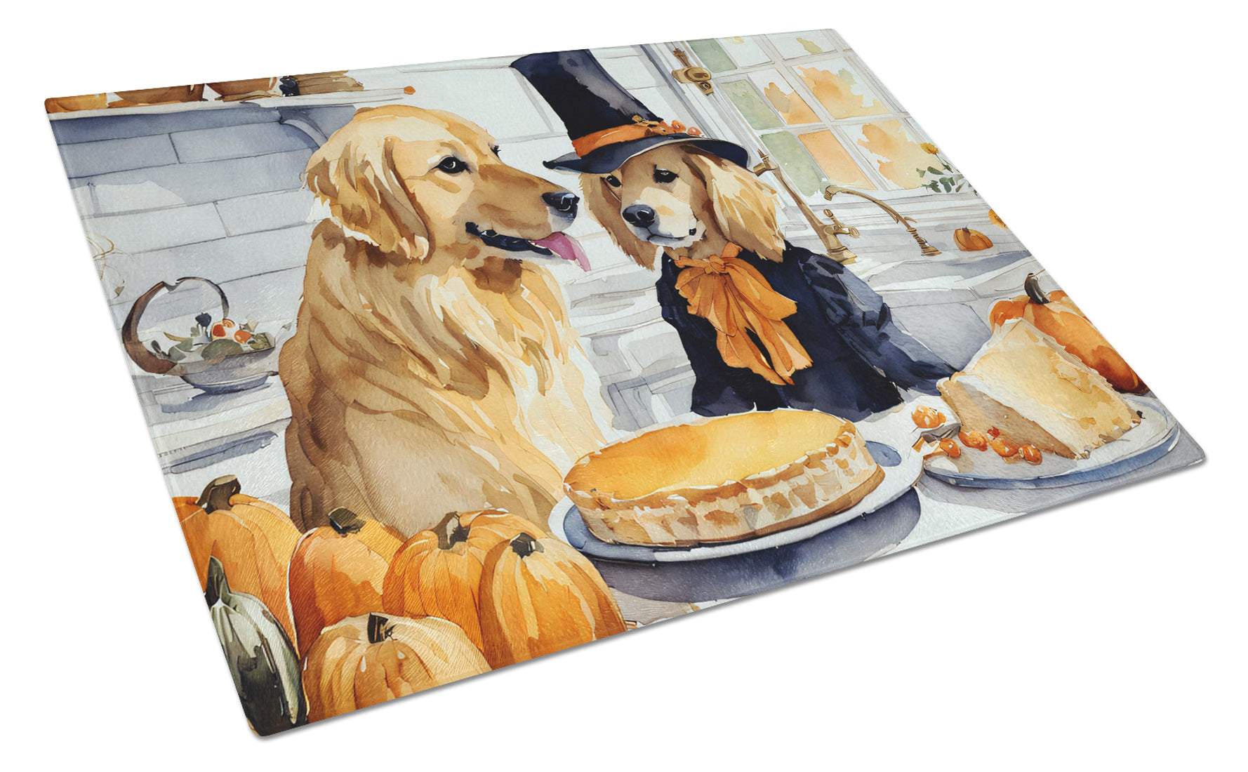 Golden Retriever Fall Kitchen Pumpkins Cutting Board Tempered Glass Kitchen Cutting Surface, Heat Resistant Chopping, Non-Slip Feet, Food Prep & Serving