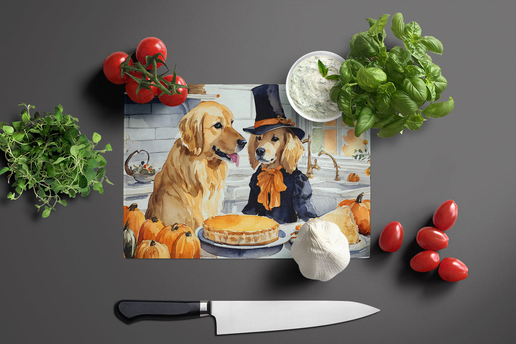 Golden Retriever Fall Kitchen Pumpkins Cutting Board Tempered Glass Kitchen Cutting Surface, Heat Resistant Chopping, Non-Slip Feet, Food Prep & Serving