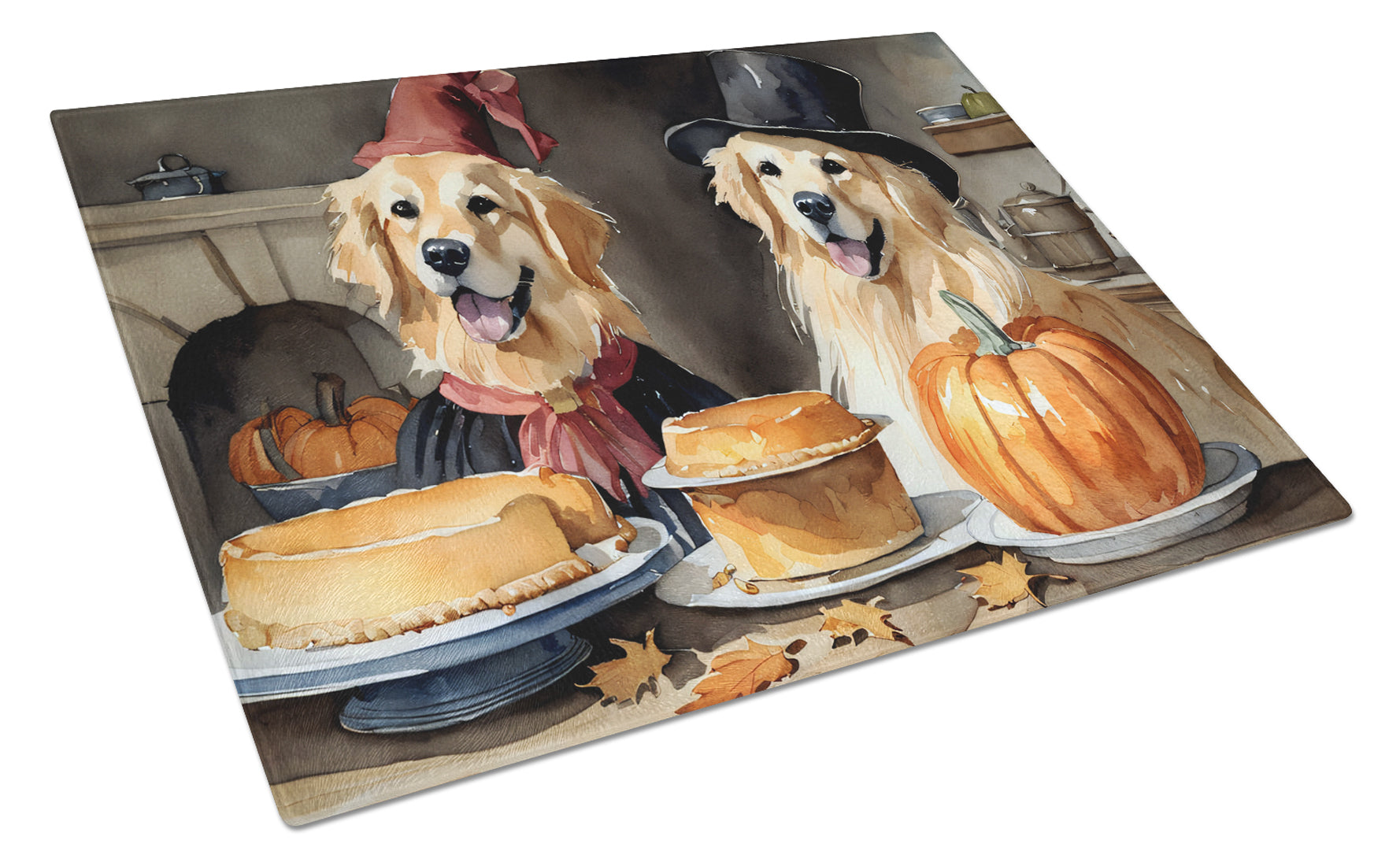 Golden Retriever Fall Kitchen Pumpkins Cutting Board Tempered Glass Kitchen Cutting Surface, Heat Resistant Chopping, Non-Slip Feet, Food Prep & Serving
