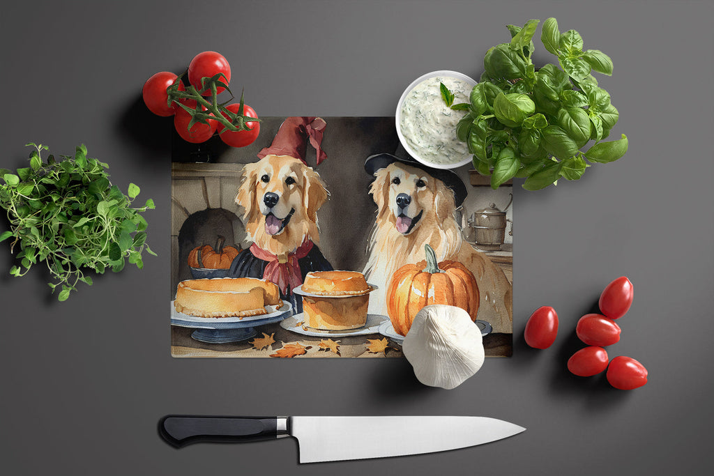Golden Retriever Fall Kitchen Pumpkins Cutting Board Tempered Glass Kitchen Cutting Surface, Heat Resistant Chopping, Non-Slip Feet, Food Prep & Serving