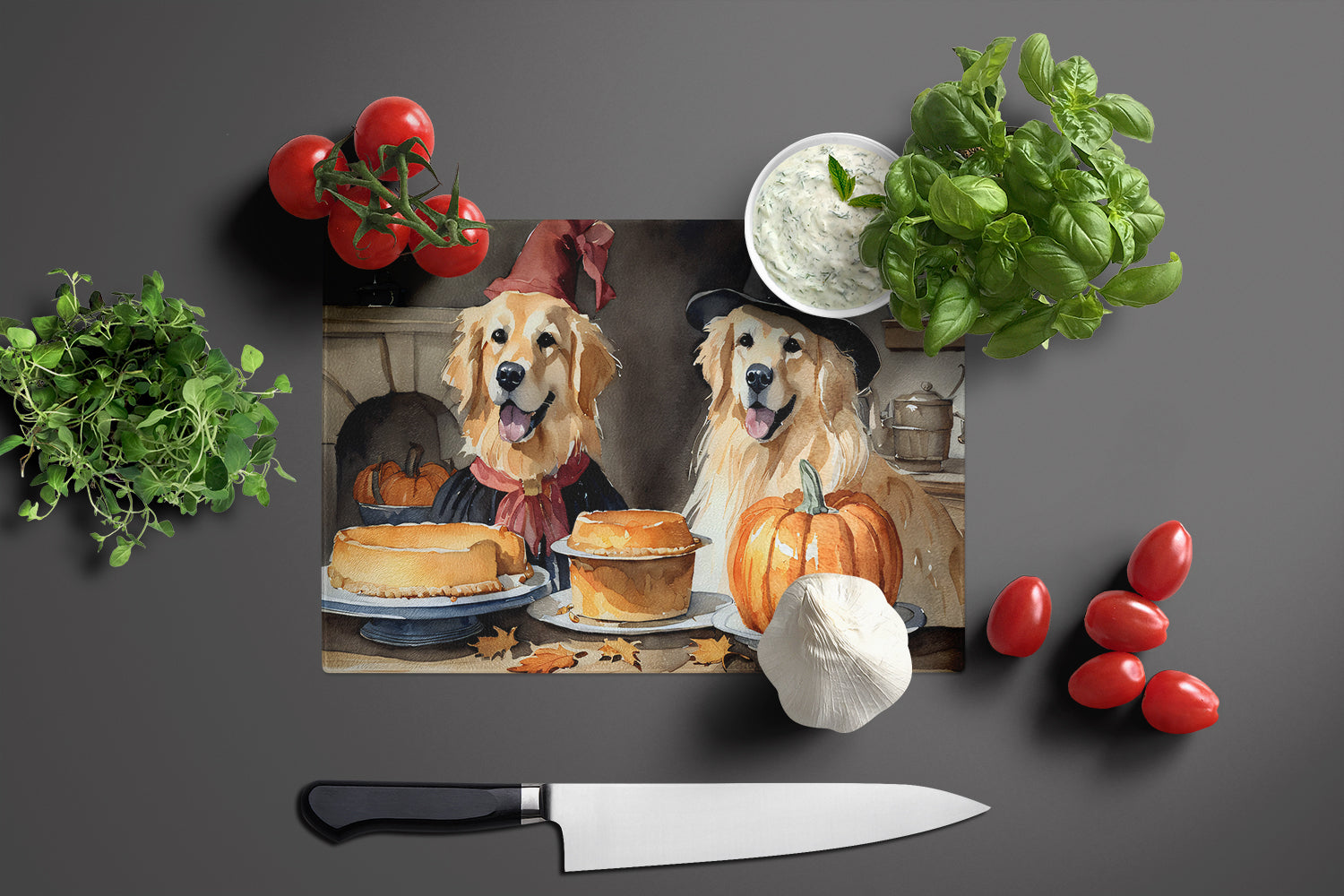 Golden Retriever Fall Kitchen Pumpkins Cutting Board Tempered Glass Kitchen Cutting Surface, Heat Resistant Chopping, Non-Slip Feet, Food Prep & Serving