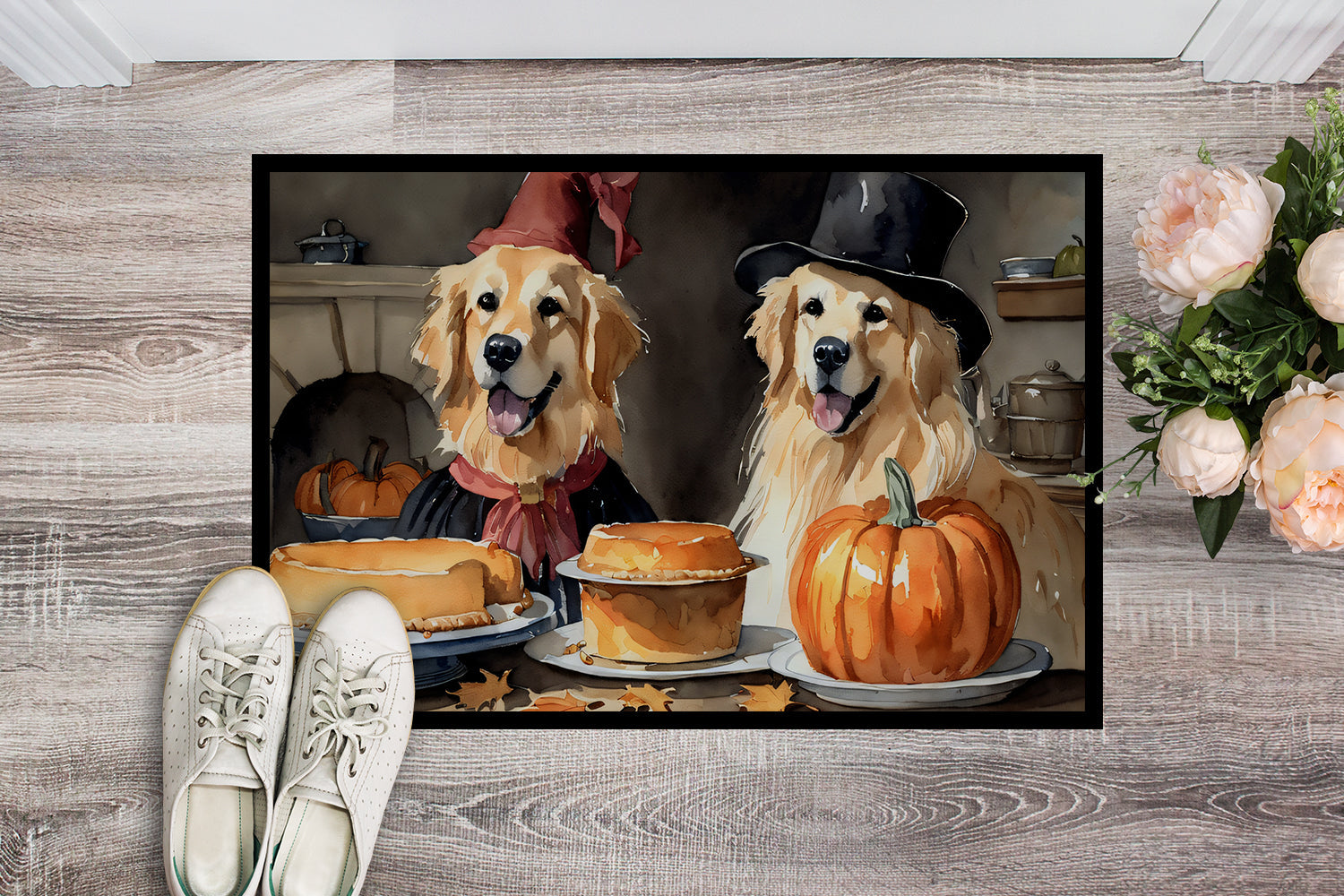 Golden Retriever Fall Kitchen Pumpkins Doormat Indoor Outdoor 18H X 27W Front Door Mat Rugs for Entryway, Non Slip Washable