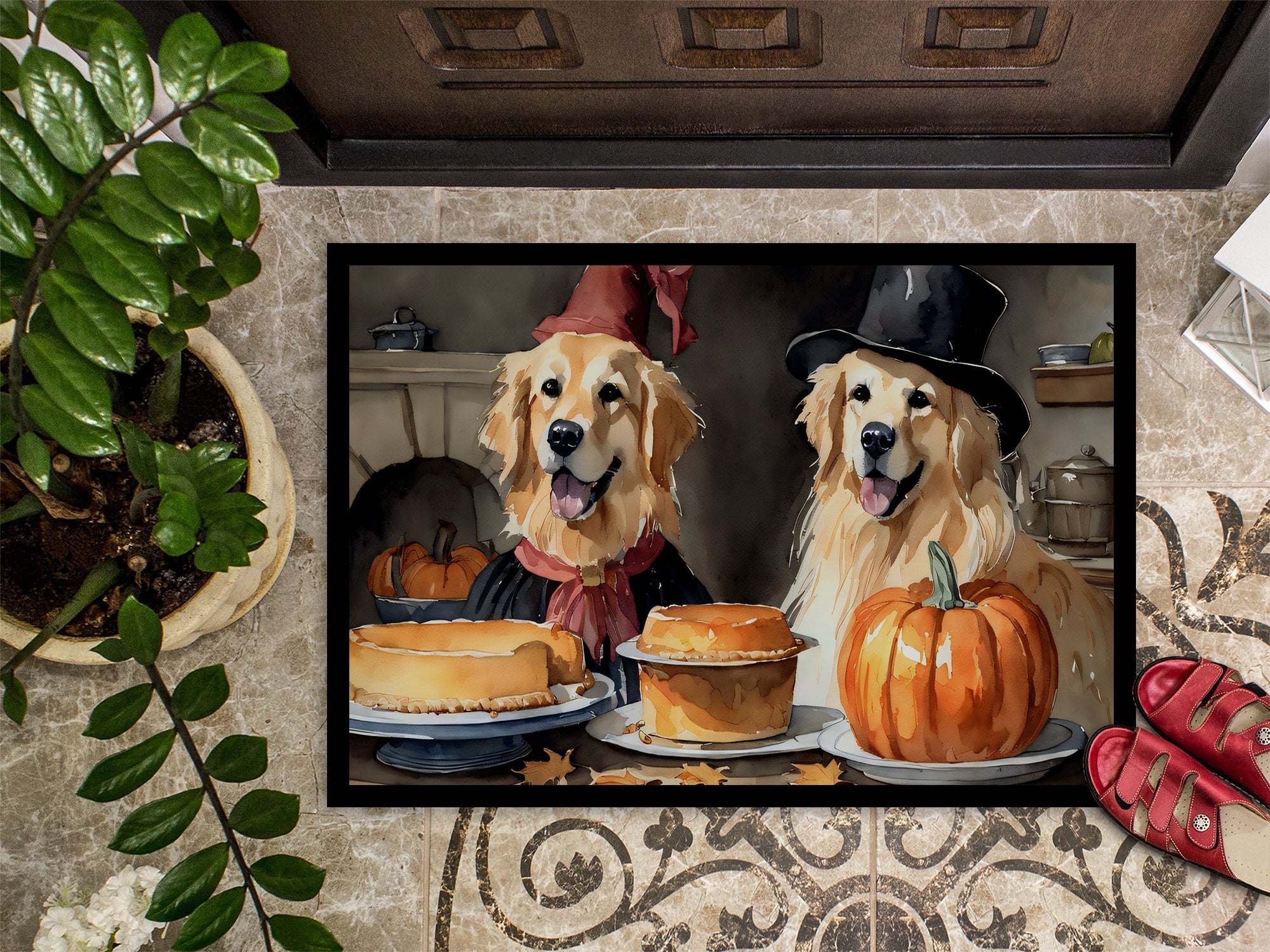 Golden Retriever Fall Kitchen Pumpkins Doormat Indoor Outdoor 18H X 27W Front Door Mat Rugs for Entryway, Non Slip Washable