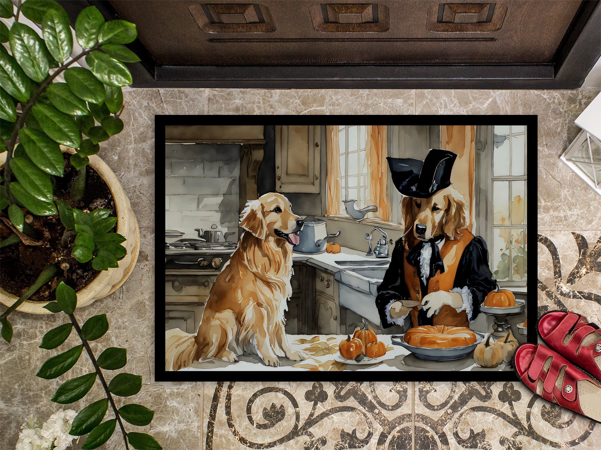 Golden Retriever Fall Kitchen Pumpkins Doormat Indoor Outdoor 24H X 36W Front Door Mat Rugs for Entryway, Non Slip Washable Low Pile,