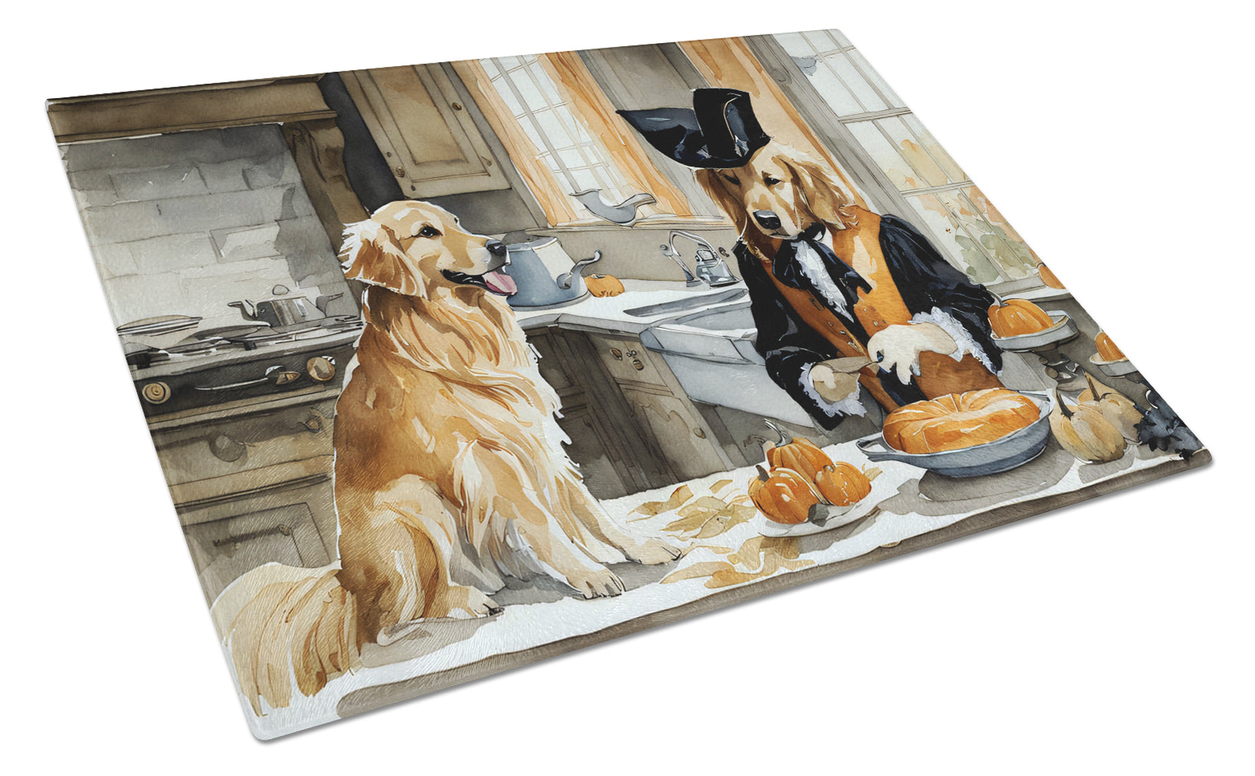 Golden Retriever Fall Kitchen Pumpkins Cutting Board Tempered Glass Kitchen Cutting Surface, Heat Resistant Chopping, Non-Slip Feet, Food Prep & Serving