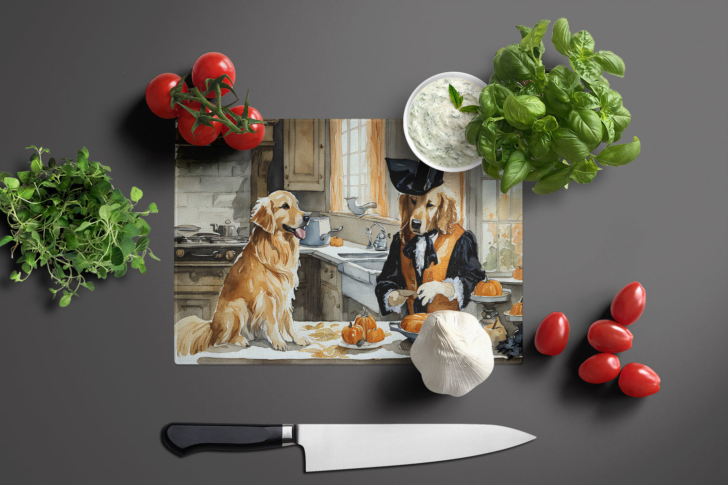 Golden Retriever Fall Kitchen Pumpkins Cutting Board Tempered Glass Kitchen Cutting Surface, Heat Resistant Chopping, Non-Slip Feet, Food Prep & Serving